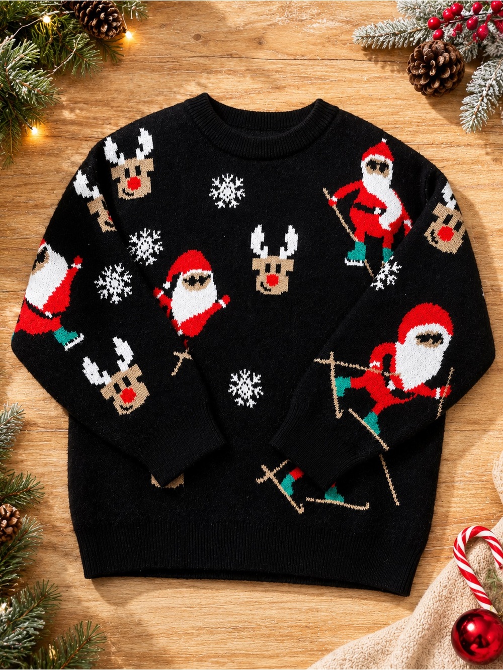 Baby Black Holiday Santa & Reindeer Knit Sweater